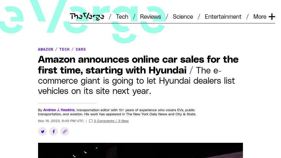 Screenshot of theverge.com: Amazon announces online car sales for the first time, starting with Hyundai