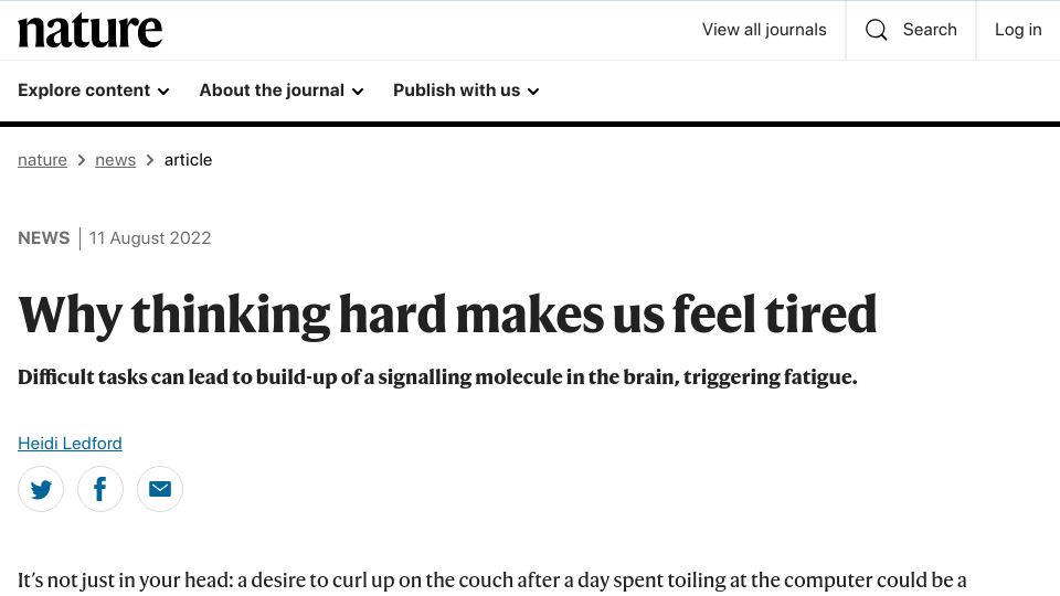Screenshot of nature.com: Why thinking hard makes us feel tired
