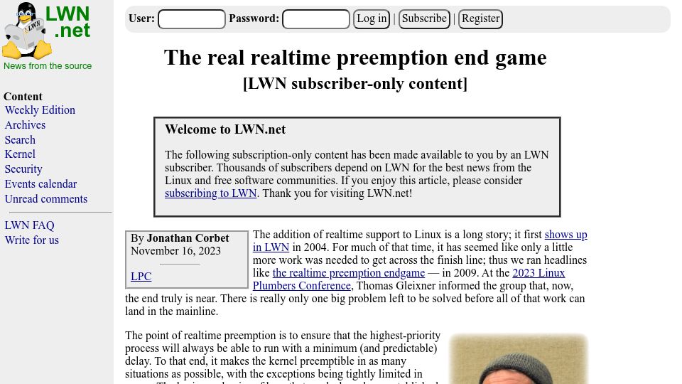 Screenshot of lwn.net: The real realtime preemption end game
