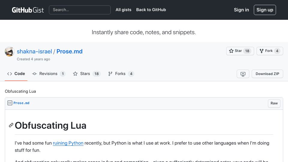 Screenshot of gist.github.com: Obfuscating Lua (2019)