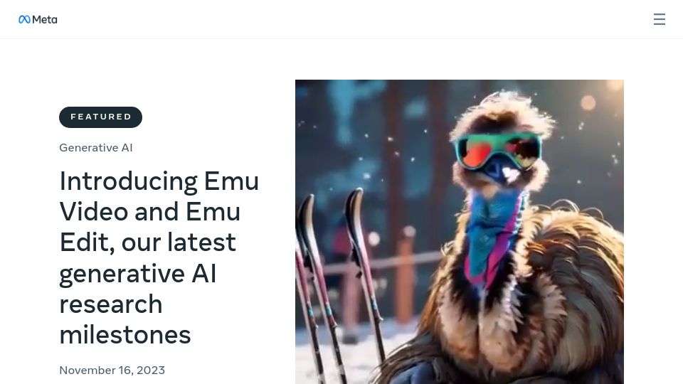 Screenshot of ai.meta.com: Emu Video and Emu Edit, our latest generative AI research milestones