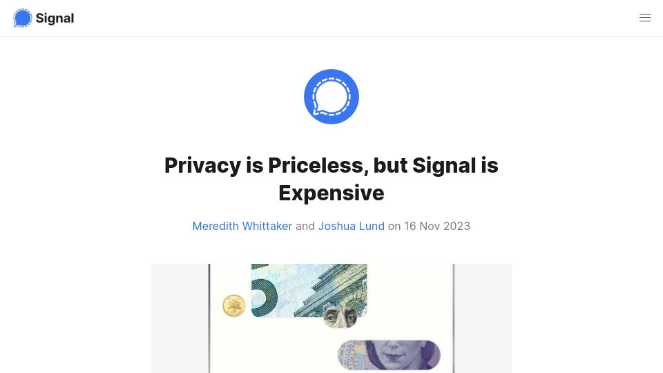 Screenshot of signal.org: Privacy is priceless, but Signal is expensive