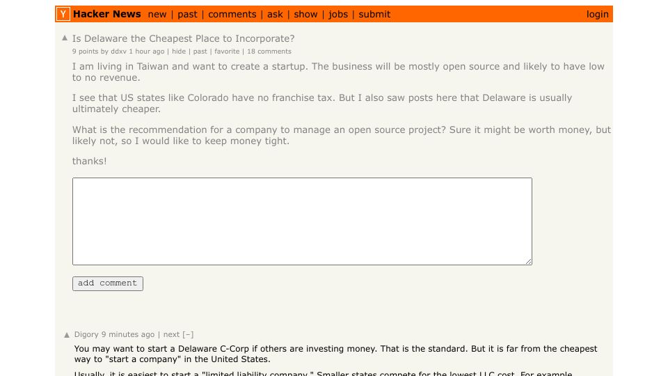 Screenshot of Hacker News post: Is Delaware the cheapest place to incorporate?