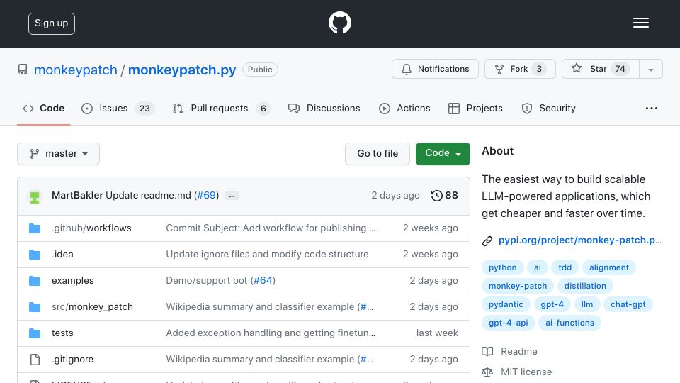 Screenshot of github.com: Show HN: MonkeyPatch – Cheap, fast and predictable LLM functions in Python