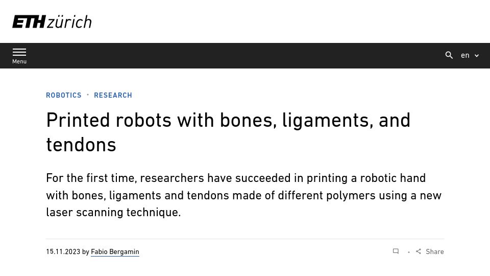 Screenshot of ethz.ch: Printed robots with bones, ligaments, and tendons