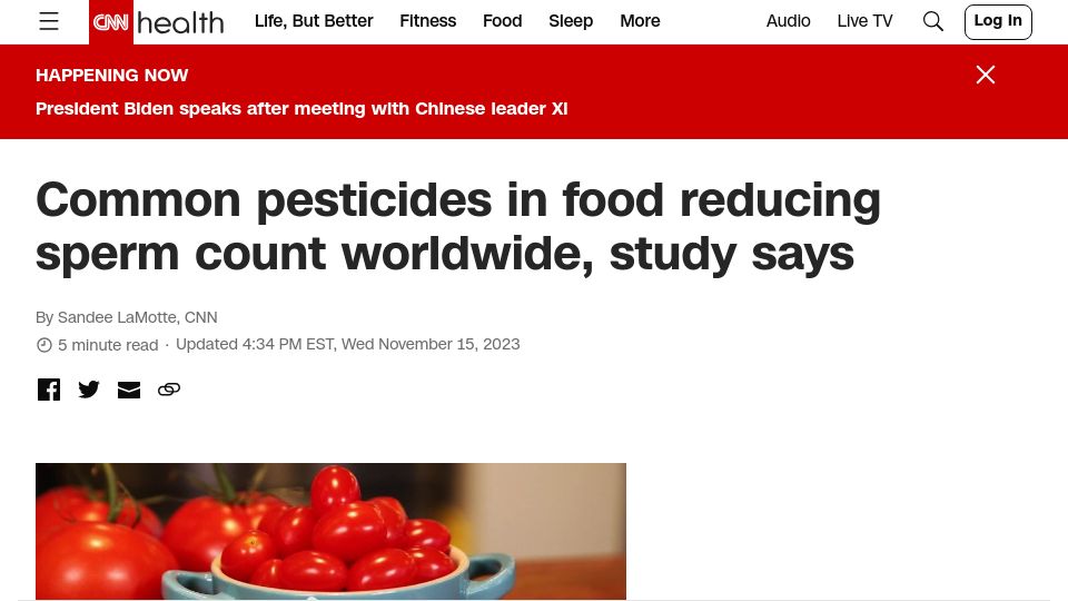 Screenshot of cnn.com: Common pesticides in food reducing sperm count worldwide, study says
