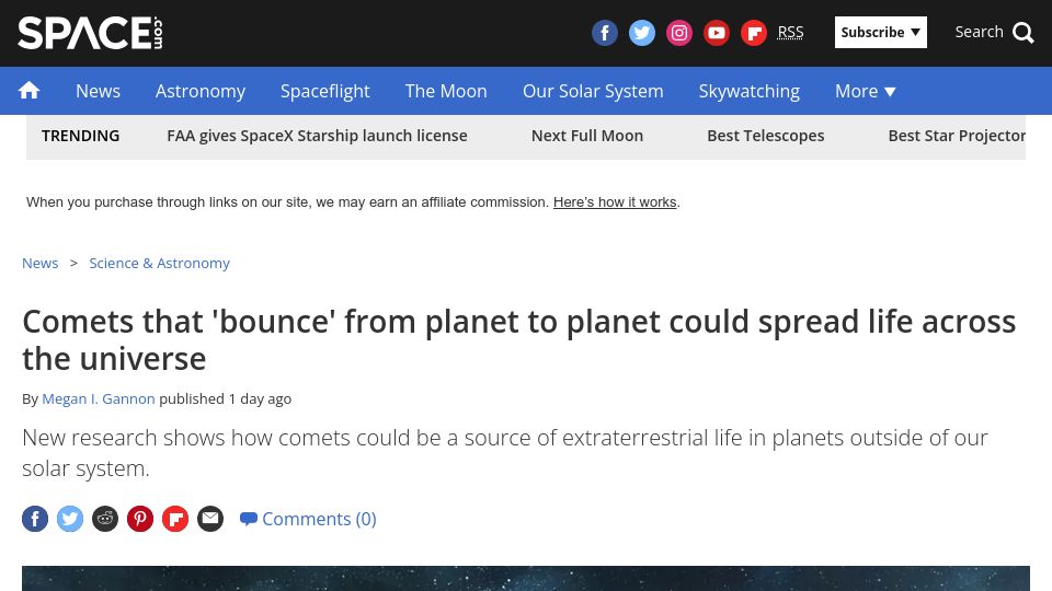 Screenshot of space.com: Comets that 'bounce' from planet to planet could spread life across the universe