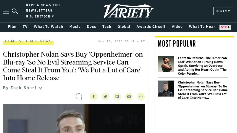 Screenshot of variety.com: Nolan Says Buy Oppenheimer on Blu-ray So No Evil Streaming Service Can Steal It