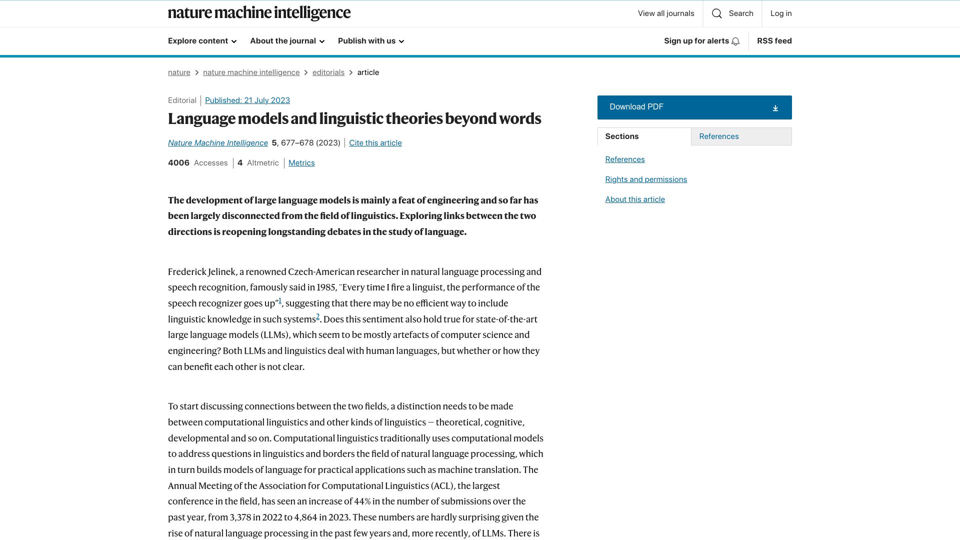 Screenshot of nature.com: Language models and linguistic theories beyond words