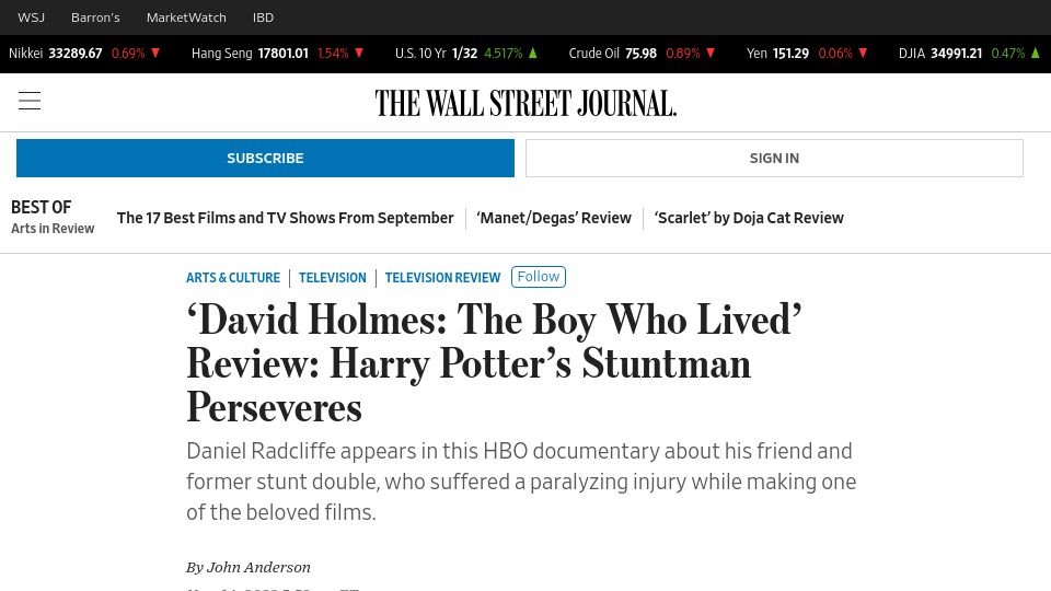 Screenshot of wsj.com: 'David Holmes: The Boy Who Lived' Review: Harry Potter's Stuntman Perseveres