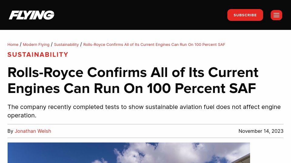 Screenshot of flyingmag.com: Rolls-royce confirms all of its current engines can run on 100 percent SAF