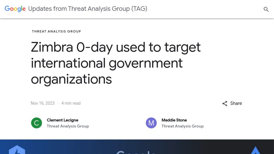 Screenshot of blog.google: Zimbra 0-day used to steal email data from government organizations