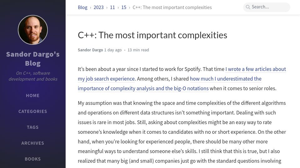 Screenshot of sandordargo.com: C++: The most important complexities