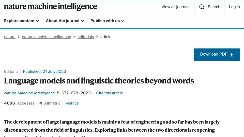 Screenshot of nature.com: Language models and linguistic theories beyond words