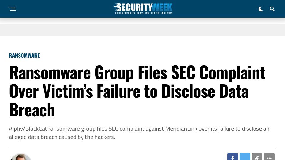 Screenshot of securityweek.com: Ransomware Group Files SEC Complaint over Victim's Failure Disclose Data Breach
