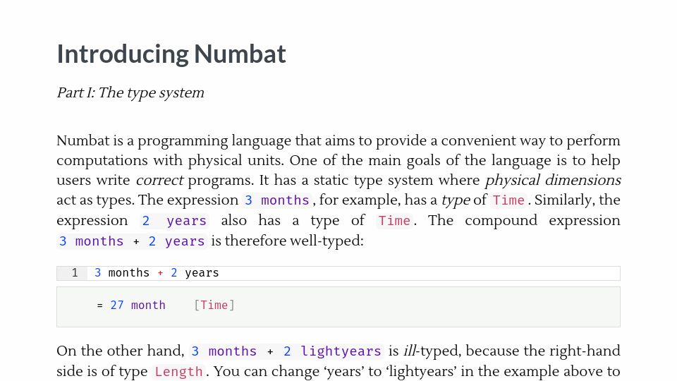 Screenshot of numbat.dev: Show HN: Numbat – A programming language with physical dimensions as types