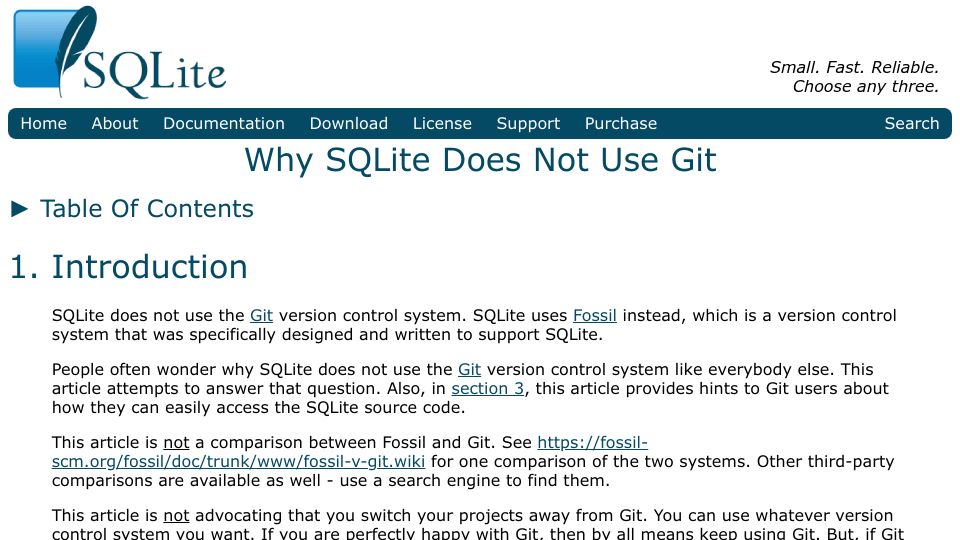 Screenshot of sqlite.org: TIL — SQLite doesn't use Git, they wrote their own VCS