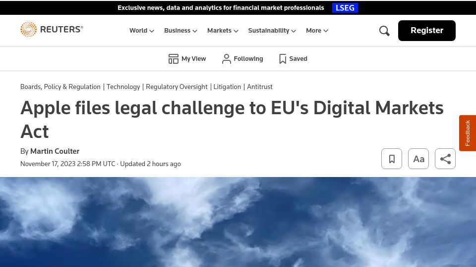 Screenshot of reuters.com: Apple files legal challenge to EU's Digital Markets Act