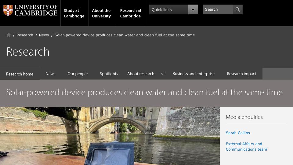 Screenshot of cam.ac.uk: A floating solar-powered device produces clean water and clean fuel