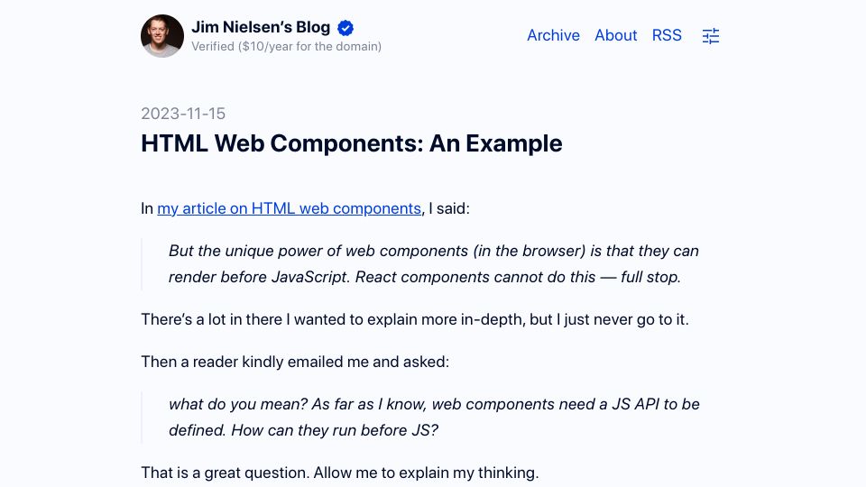 Screenshot of blog.jim-nielsen.com: HTML Web Components: An Example