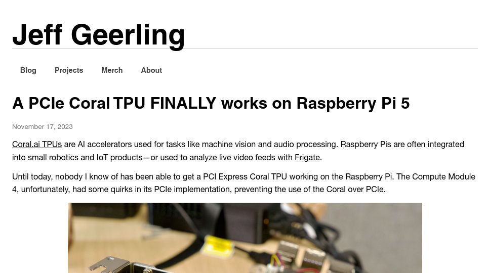 Screenshot of jeffgeerling.com: A PCIe Coral TPU Finally Works on Raspberry Pi 5
