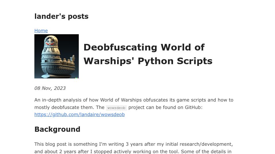 Screenshot of landaire.net: Deobfuscating World of Warships' Python Scripts
