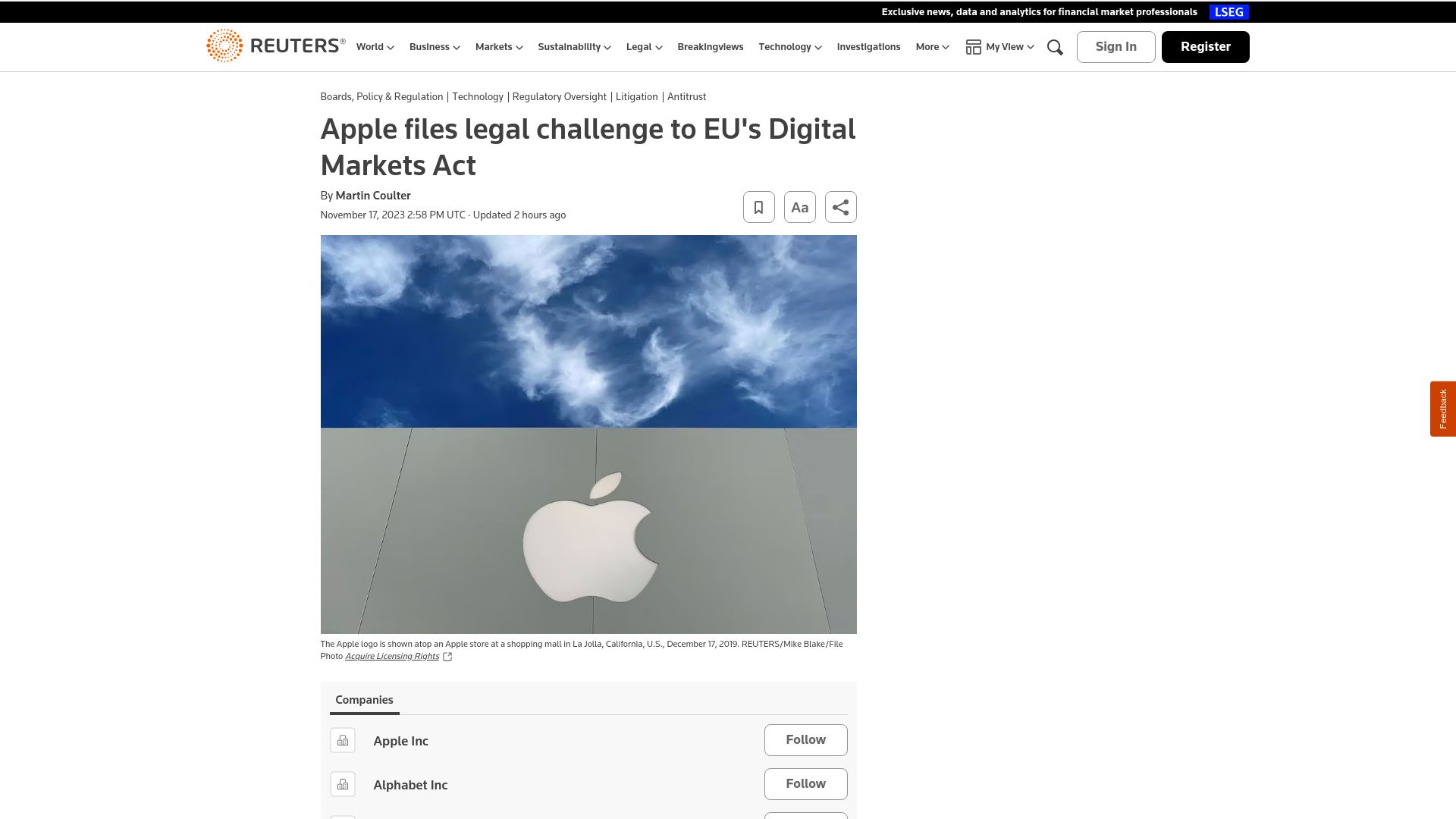 Screenshot of reuters.com: Apple files legal challenge to EU's Digital Markets Act