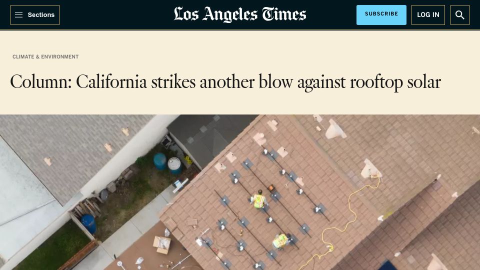 Screenshot of latimes.com: California strikes another blow against rooftop solar