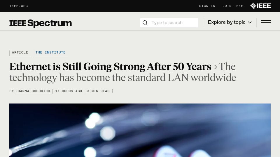 Screenshot of spectrum.ieee.org: Ethernet Is Still Going Strong After 50 Years