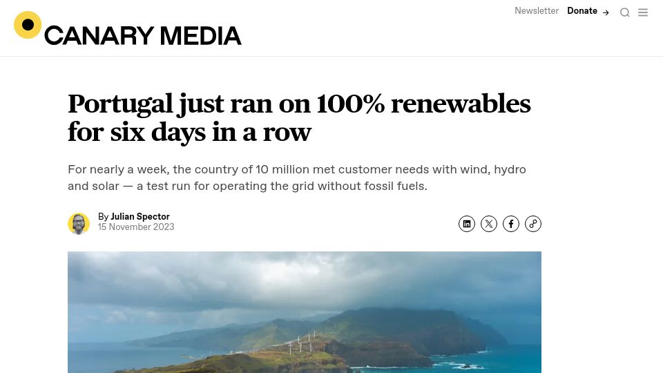 Screenshot of canarymedia.com: Portugal just ran on 100% renewables for six days in a row