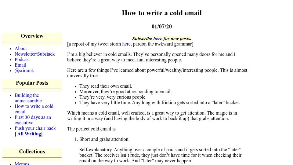 Screenshot of sriramk.com: How to write a cold email (2020)