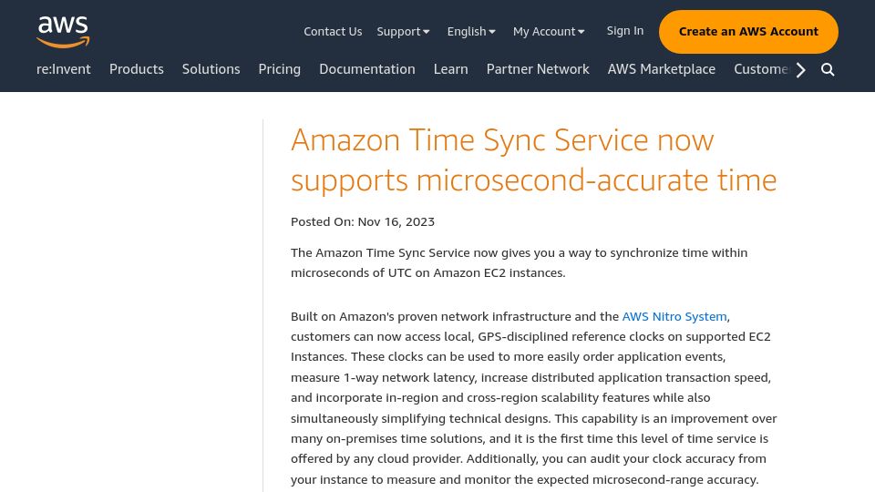Screenshot of aws.amazon.com: Amazon Time Sync Service now supports microsecond-accurate time