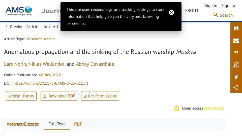 Screenshot of journals.ametsoc.org: Anomalous propagation and the sinking of the Russian warship Moskva