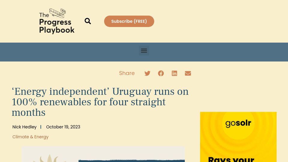 Screenshot of theprogressplaybook.com: 'Energy independent' Uruguay runs on 100% renewables for four straight months