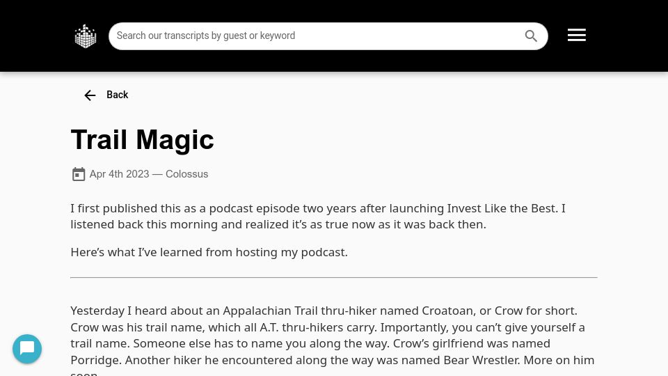 Screenshot of joincolossus.com: Trail Magic: Unveiling Life Lessons from the Appalachian Trail and Podcasting