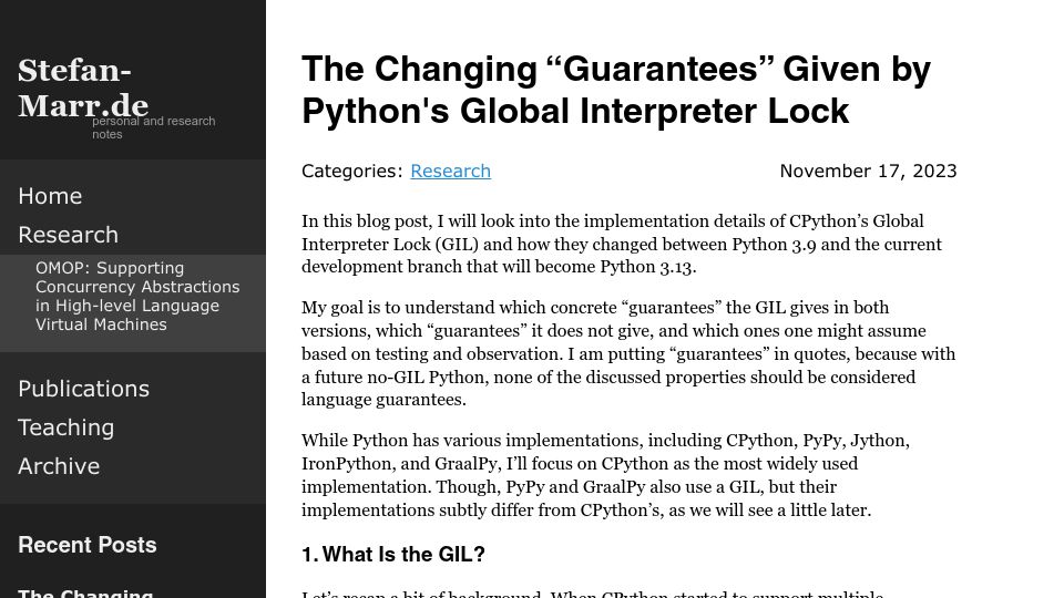 Screenshot of stefan-marr.de: The Changing "Guarantees" Given by Python's Global Interpreter Lock
