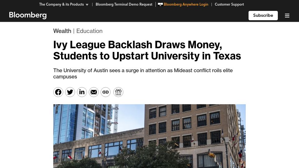 Screenshot of bloomberg.com: Ivy League Backlash Draws Money, Students to Upstart University in Texas