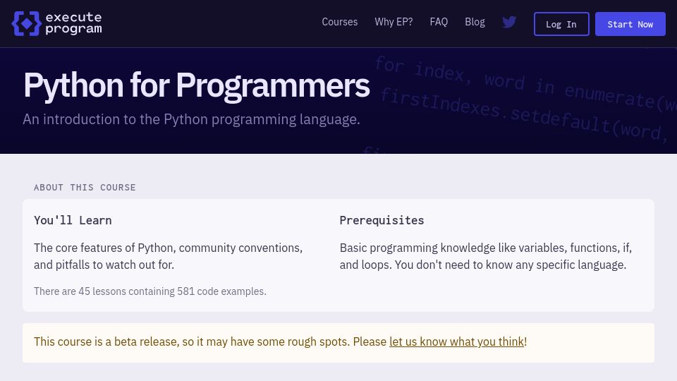 Screenshot of executeprogram.com: Show HN: Beta test Execute Program's interactive "Python for Programmers" course