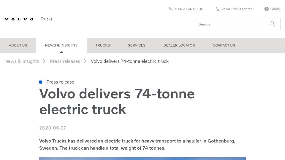 Screenshot of volvotrucks.com: Volvo delivers 74-tonne electric truck