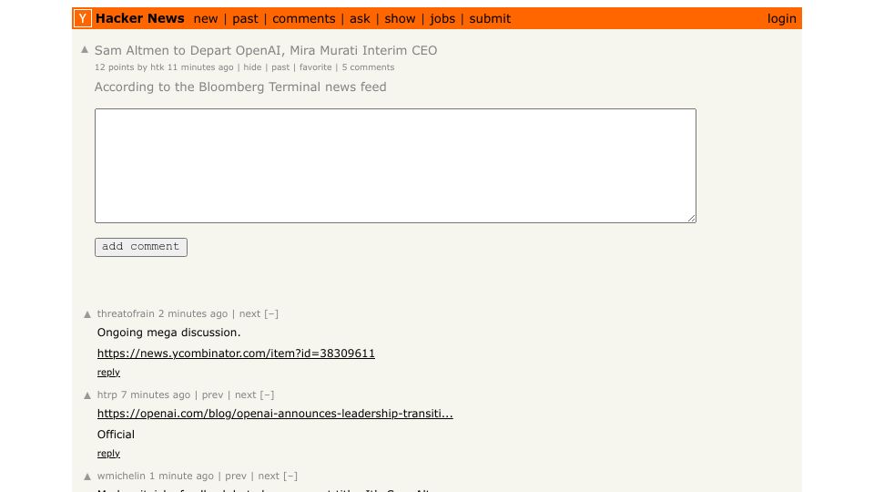 Screenshot of Hacker News post: Sam Altmen to Depart OpenAI, Mira Murati Interim CEO