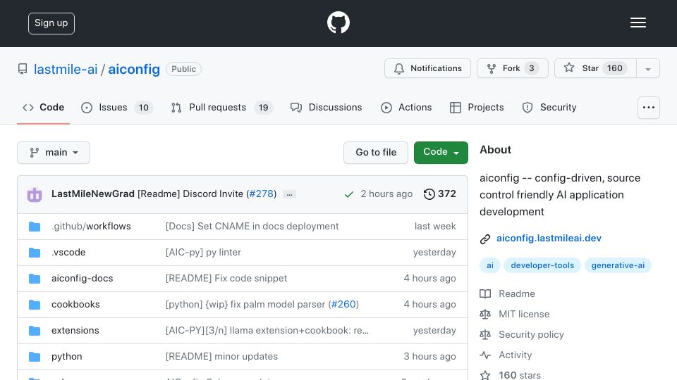 Screenshot of github.com: AIConfig – source control format for gen AI prompts, models and settings