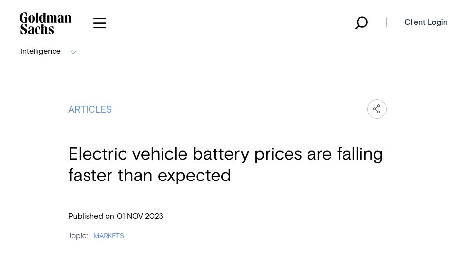 Screenshot of goldmansachs.com: Electric vehicle battery prices are falling faster than expected