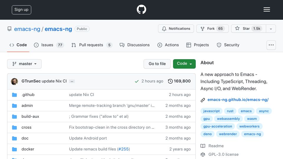 Screenshot of github.com: Emacs-ng: A project to integrate Deno and WebRender into Emacs
