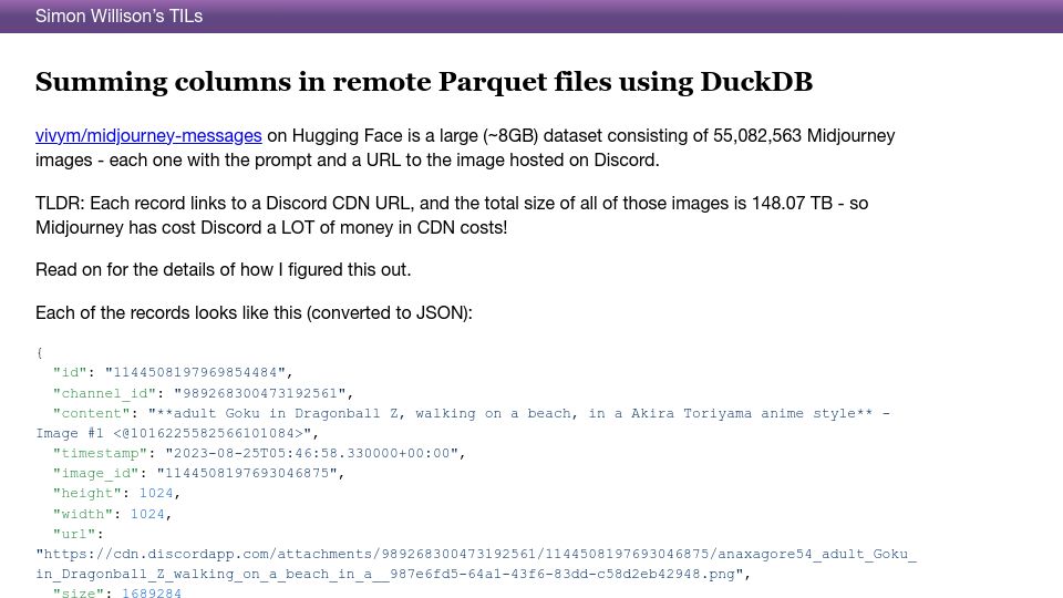 Screenshot of til.simonwillison.net: Summing columns in remote Parquet files using DuckDB
