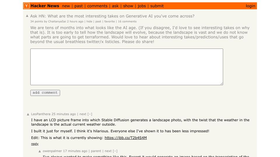 Screenshot of Hacker News post: Ask HN: What are the most interesting takes on Generative AI you've come across?