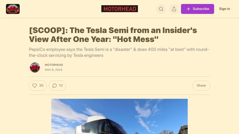 Screenshot of bradmunchen.substack.com: The Tesla Semi from an Insider's View After One Year: "Hot Mess"