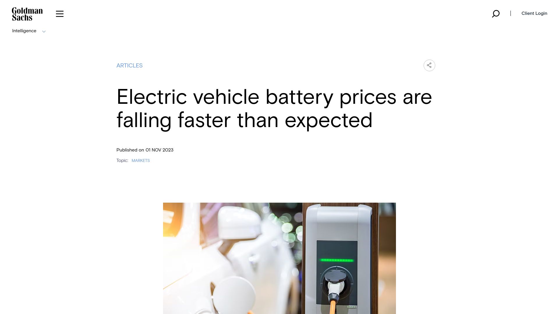 Screenshot of goldmansachs.com: Electric vehicle battery prices are falling faster than expected