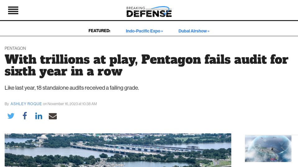 Screenshot of breakingdefense.com: Pentagon fails audit for sixth year in a row