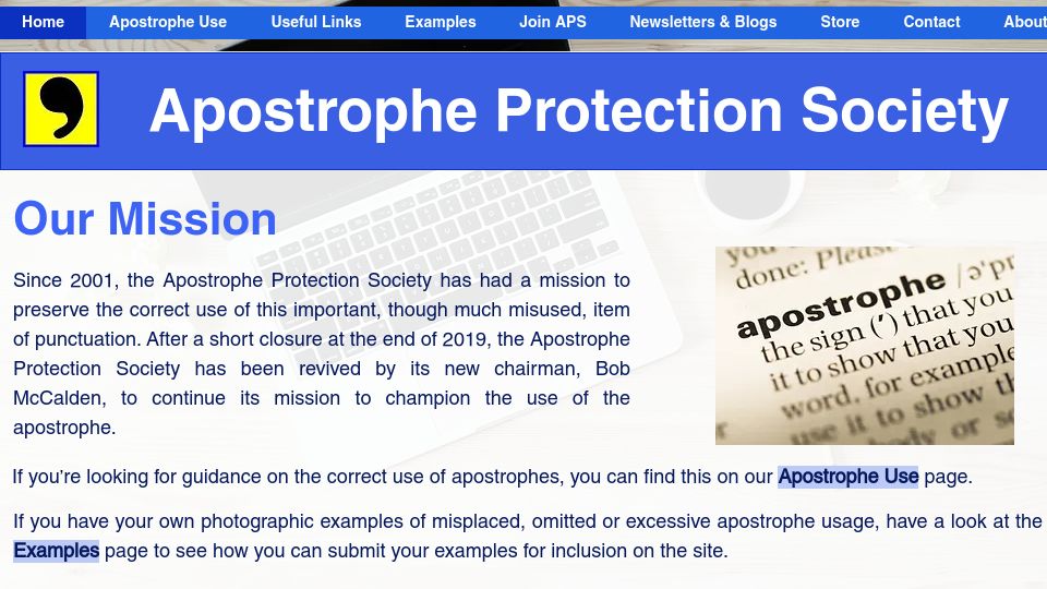Screenshot of apostrophe.org.uk: Apostrophe Protection Society