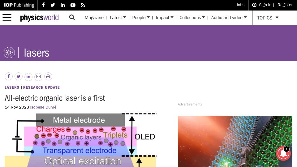 Screenshot of physicsworld.com: All-electric organic laser is a first